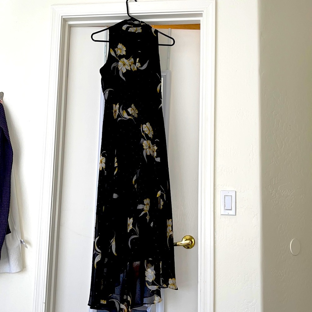 White House Black Market asymmetrical dress with gold colored flowers, size 0.